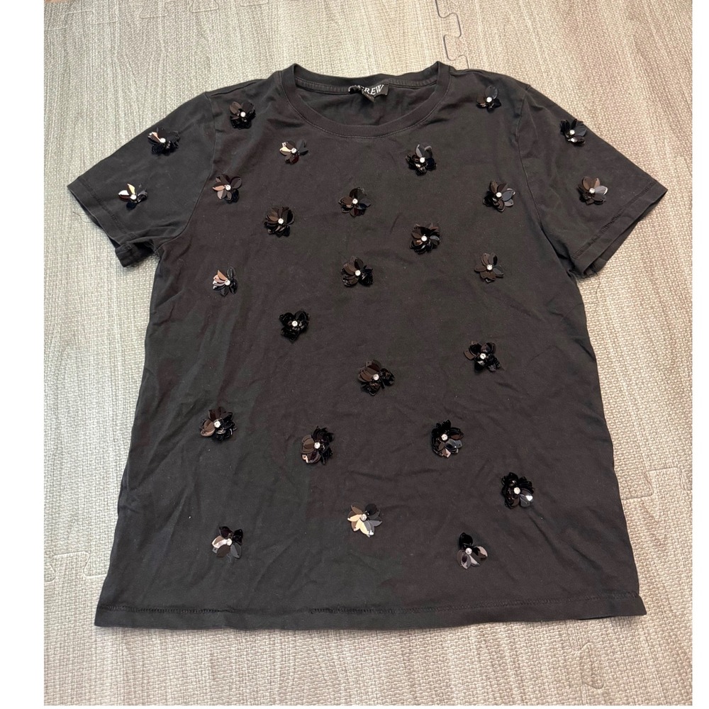 J.Crew Women Black 3D Floral Sequin Embellished Cotton‎ T-Shirt Small